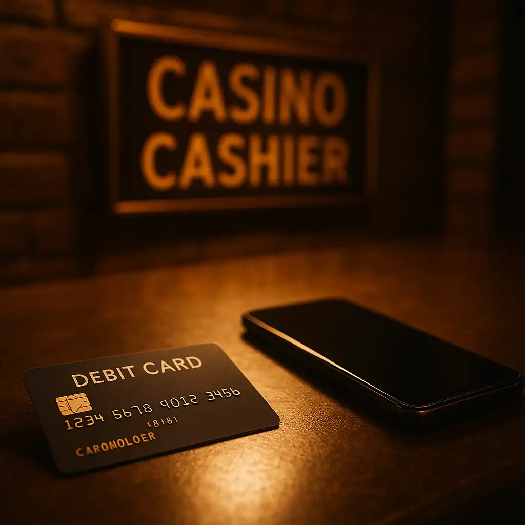 Close up of a debit card and phone making a deposit at a casino cashier