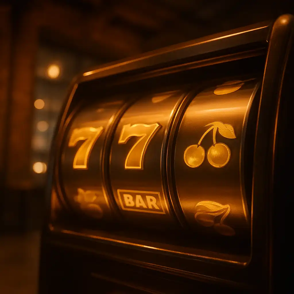 Slot reels spinning on screen inside an industrial style casino lounge